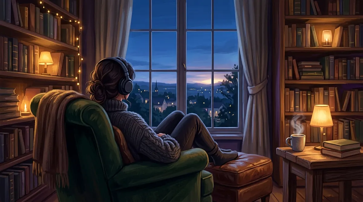 Illustration: a listener with headphones relaxing in an armchair by a window at dusk, surrounded by bookshelves