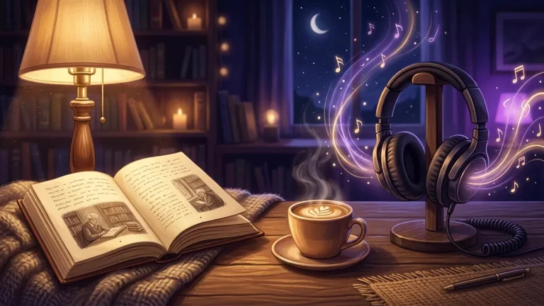 Illustration: an open printed book under a lamp on one side, headphones with sound waves on the other