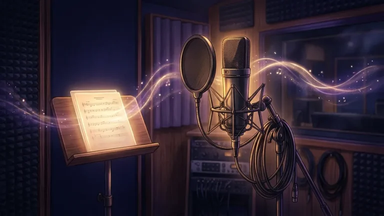 Illustration: a vintage studio microphone in a cozy recording booth with a glowing script stand