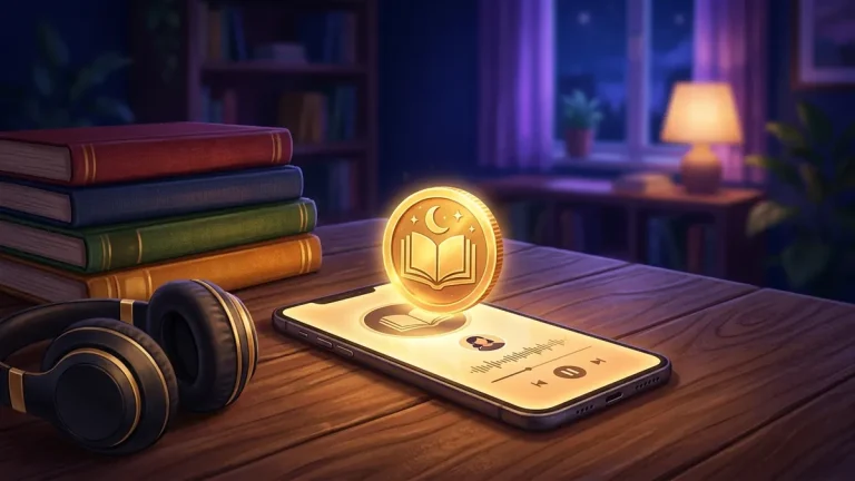 Illustration: a smartphone playing an audiobook next to headphones and a golden credit token on a wooden desk