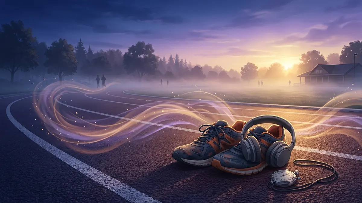 Illustration: running shoes, headphones and a stopwatch on a running track at dawn