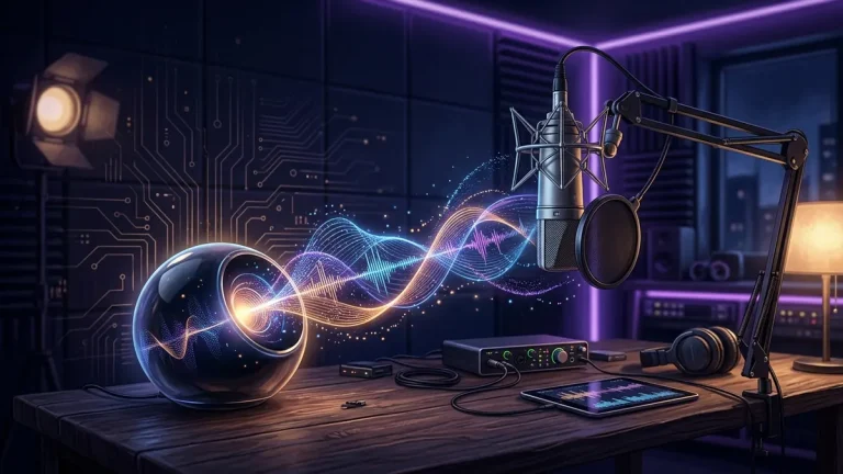 Illustration: a glowing orb emitting digital sound waves beside a classic studio microphone